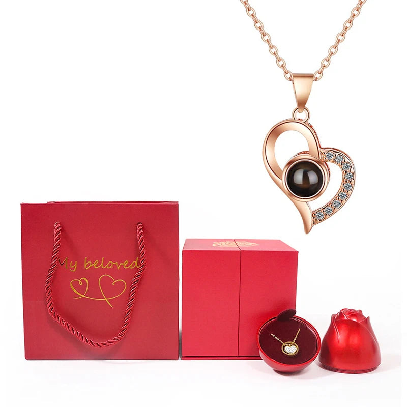 100 Languages I Love You Projection Necklace With Rose Gift Box