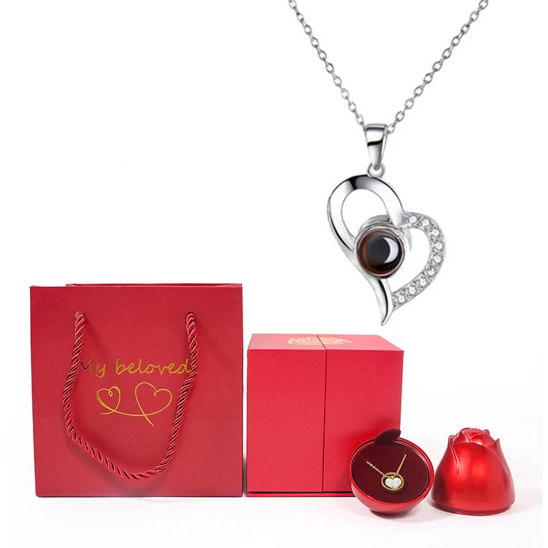 100 Languages I Love You Projection Necklace With Rose Gift Box